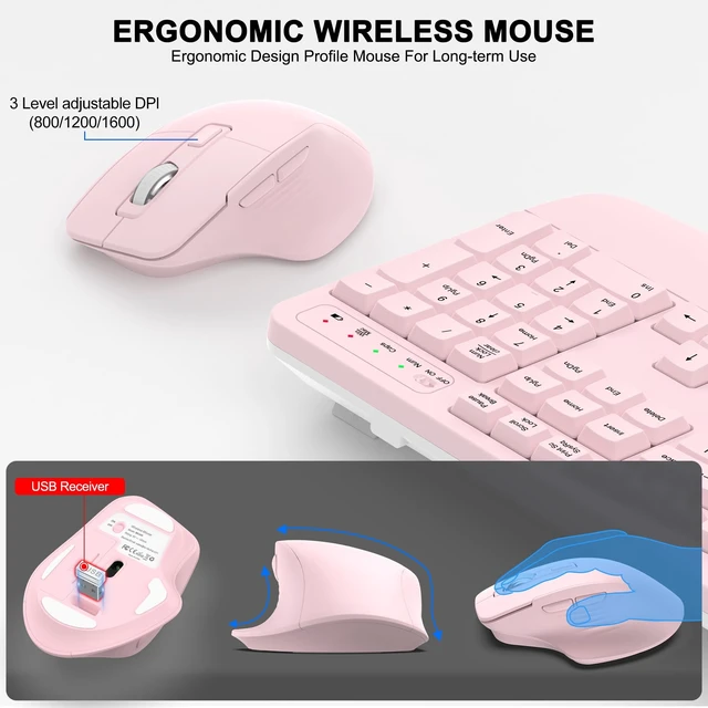 Alt view image 4 of 5 - Wireless Keyboard and Mouse Combo, 2.4G Ergonomic Wave Keys(Light Pink)