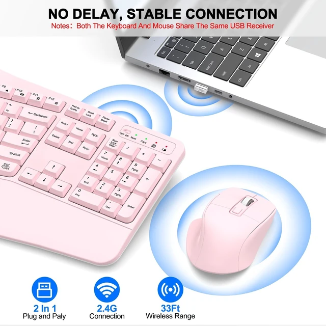 Alt view image 5 of 5 - Wireless Keyboard and Mouse Combo, 2.4G Ergonomic Wave Keys(Light Pink)