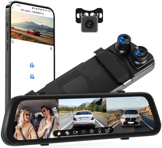 Main image of CAMECHO 3 Channel Rear View Mirror Camera, HD Mirror Dash Cam Front and Rear Inside, Built-in WiFi, Dash Camera for Car, Night Vision, G-Sensor, Reverse Assist, Loop Recording, Dashcam