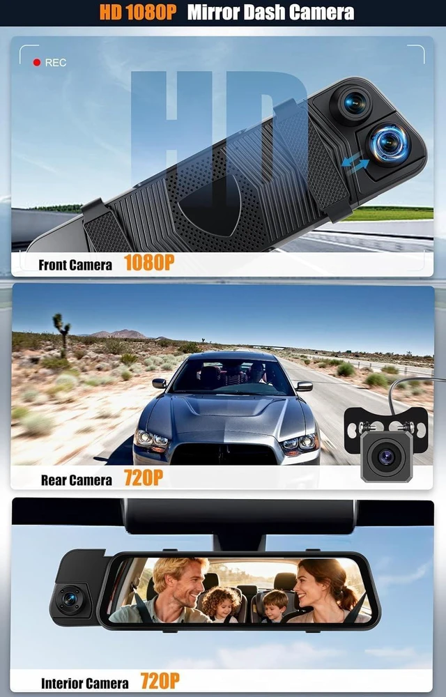 Alt view image 2 of 5 - CAMECHO 3 Channel Rear View Mirror Camera, HD Mirror Dash Cam Front and Rear Inside, Built-in WiFi, Dash Camera for Car, Night Vision, G-Sensor, Reverse Assist, Loop Recording, Dashcam