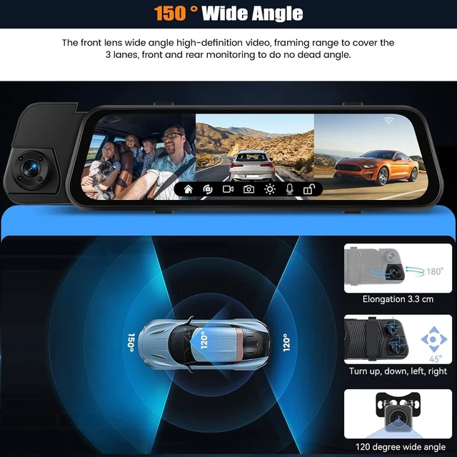 Alt view image 5 of 5 - CAMECHO 3 Channel Rear View Mirror Camera, HD Mirror Dash Cam Front and Rear Inside, Built-in WiFi, Dash Camera for Car, Night Vision, G-Sensor, Reverse Assist, Loop Recording, Dashcam