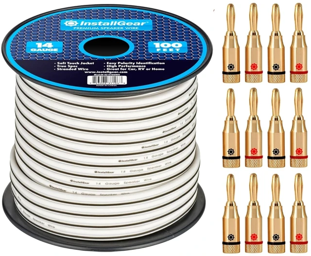 Main image of InstallGear 14 Gauge Speaker Wire with Banana Plugs - 100ft White Cable for Outdoor, Automotive & Marine