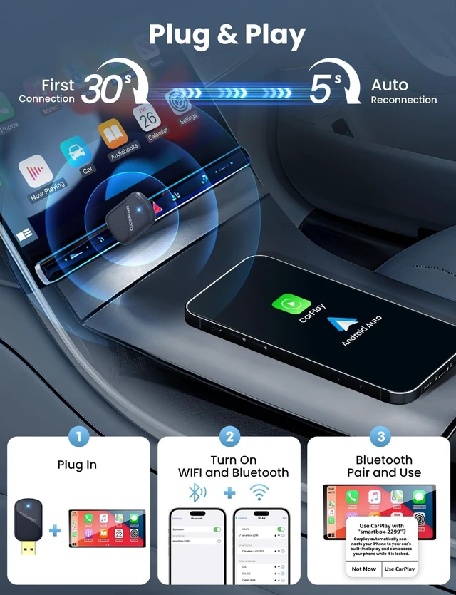 Alt view image 4 of 5 - Mini Wireless Carplay Adapter with Fastest Connection Car, No Latency Wireless Carplay Adapter for Apple, Tying to Cars from 2016 & Phone with iPhone 6 or Above USB-A/Type-C