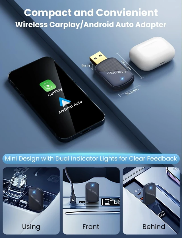 Alt view image 5 of 5 - Mini Wireless Carplay Adapter with Fastest Connection Car, No Latency Wireless Carplay Adapter for Apple, Tying to Cars from 2016 & Phone with iPhone 6 or Above USB-A/Type-C