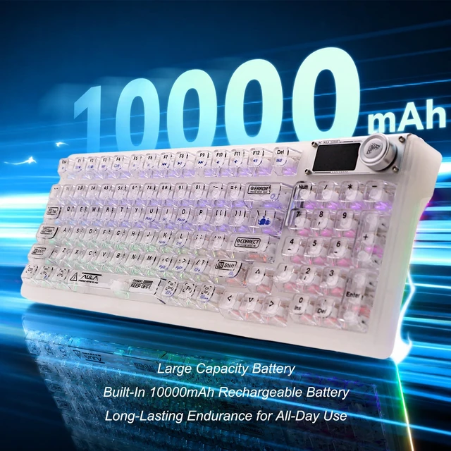 Alt view image 3 of 5 - Aula Transparent Mechanical Keyboard with Display & Knob, 95-Key Hot-Swappable, Tri-Mode Wireless Keyboard Gaming, RGB Backlit,10000mAh Battery, Gasket Mount,for Windows, macOS, iOS & Android,