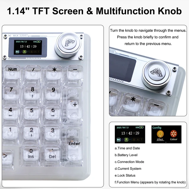 Alt view image 2 of 5 - Aula Transparent Mechanical Keyboard with Display & Knob, 95-Key Hot-Swappable, Tri-Mode Wireless Keyboard Gaming, RGB Backlit,10000mAh Battery, Gasket Mount,for Windows, macOS, iOS & Android,