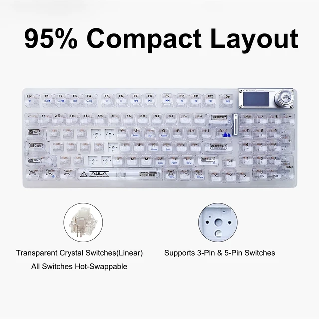 Alt view image 4 of 5 - Aula Transparent Mechanical Keyboard with Display & Knob, 95-Key Hot-Swappable, Tri-Mode Wireless Keyboard Gaming, RGB Backlit,10000mAh Battery, Gasket Mount,for Windows, macOS, iOS & Android,