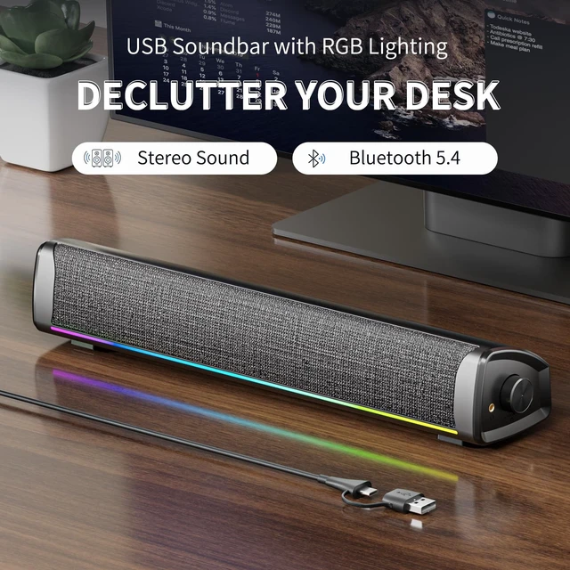 Alt view image 4 of 5 - Computer Speakers for Desktop PC, Gaming Soundbar with 4 Drivers, 12 RGB Lighting Modes, USB/USB-C Powered PC Speakers, Plug & Play Monitor Sound Bar with Mic & Headphone Jack for Laptop, PC, Black