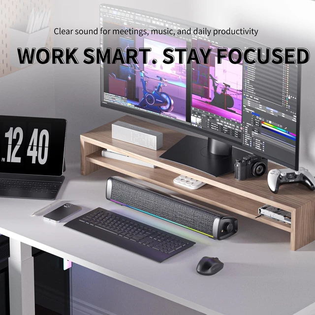 Alt view image 3 of 5 - Computer Speakers for Desktop PC, Gaming Soundbar with 4 Drivers, 12 RGB Lighting Modes, USB/USB-C Powered PC Speakers, Plug & Play Monitor Sound Bar with Mic & Headphone Jack for Laptop, PC, Black