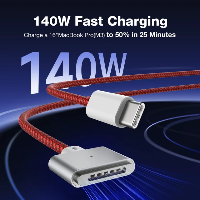 Alt view image 3 of 5 - Hugener Magnetic 3 Cable USB-C 6.6FT for MacBook Air Pro Charger, Red