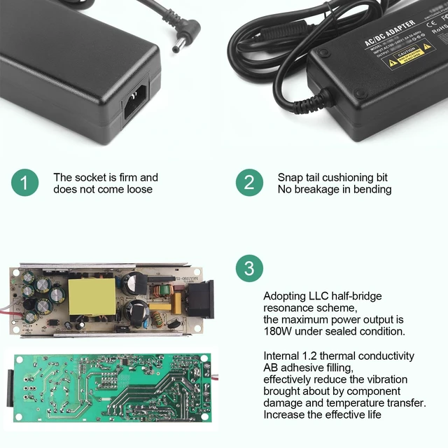 Alt view image 4 of 5 - COOLM 12V 15A Power Supply 180W Adapter for LED Strip Light CCTV Camera
