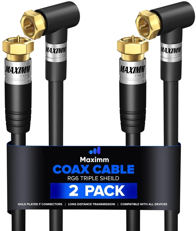 Main image of Maximm RG6 Coaxial Cable 15 Ft, 2-Pack, 90 Degree Angled, Black, CL3