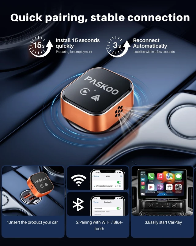 Alt view image 4 of 5 - PASKOO Wireless CarPlay Adapter for Apple iPhone & Android Phones