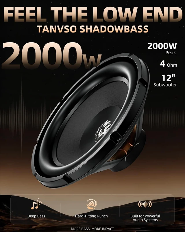 Alt view image 2 of 5 - TANVSO ShadowBass Series 12 Subwoofer, 2000W Peak 4 Ohm 12 Inch Car Subwoofer, High-Excursion Woofer with Thick Rubber Surround for Trunk Bass Box & Custom Car Audio, Single