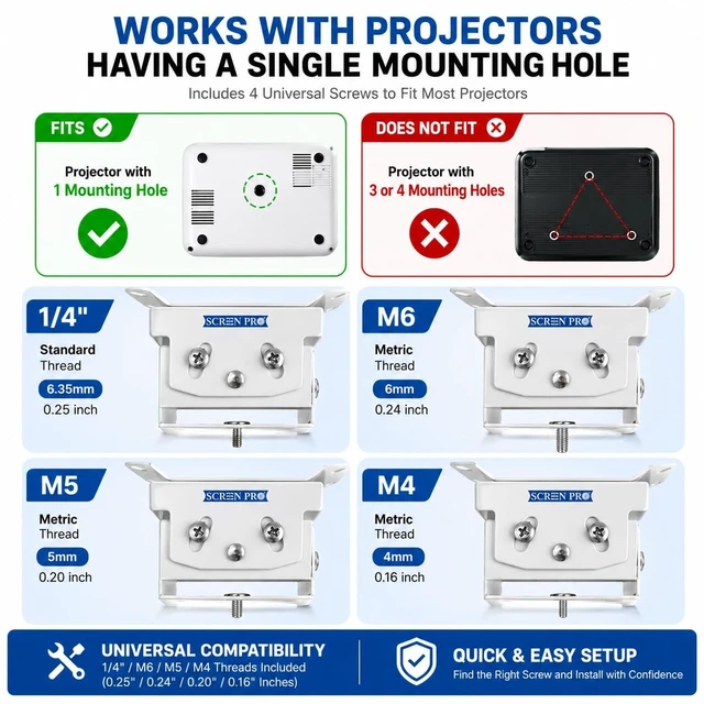 Alt view image 4 of 5 - SCREEN PRO Single-Hole Projector Mount, Fits M4 M5 M6 & 1/4", White-PM-S-85