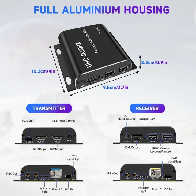 Alt view image 5 of 5 - HDMI KVM Extender Over Fiber - 4K@60Hz HDCP2.2 Up to 20KM/12.4Miles, Support USB Mouse Keyboard Zero Latency with Plug & Play and Transmitter HDMI Loop Out HD ^^ SFP MSA and SFF-8472