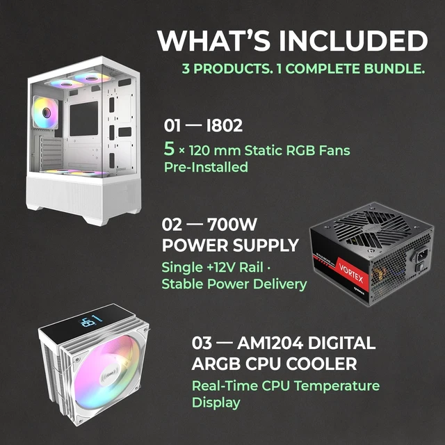 Alt view image 2 of 5 - Raidmax i802 Vibe Series ATX Mid Tower Gaming Case Bundle Tempered Glass Side Panel, Includes 700W 80+ Power Supply, AM1204 Digital Display Air Cooler, and 5 Pre-Installed FRGB Fans (White)