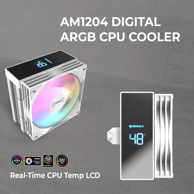 Alt view image 4 of 5 - Raidmax i802 Vibe Series ATX Mid Tower Gaming Case Bundle Tempered Glass Side Panel, Includes 700W 80+ Power Supply, AM1204 Digital Display Air Cooler, and 5 Pre-Installed FRGB Fans (White)