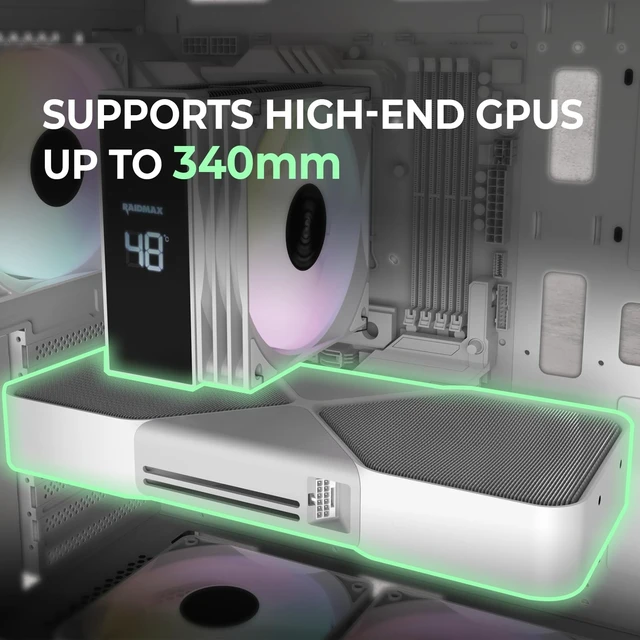 Alt view image 3 of 5 - Raidmax i802 Vibe Series ATX Mid Tower Gaming Case Bundle Tempered Glass Side Panel, Includes 700W 80+ Power Supply, AM1204 Digital Display Air Cooler, and 5 Pre-Installed FRGB Fans (White)