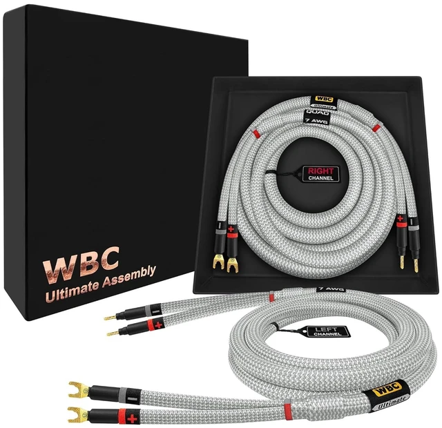 Main image of WORLDS BEST CABLES 3 Foot Ultimate - 7 AWG - Ultra-Pure OFC Extra Premium Audiophile HiFi Speaker Cable Pair with Eminence Gold Banana (x2) & Spade (x2) Plugs & Silver Tweed Jacket