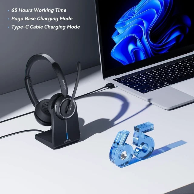 Alt view image 4 of 5 - Wireless Headset with Mic for Work, Bluetooth Headset with Microphone AI Noise Cancelling & Mute Button, Wireless Headphones with Mic for Work/Home/Office/Call Center/PC/Laptop/Computer/