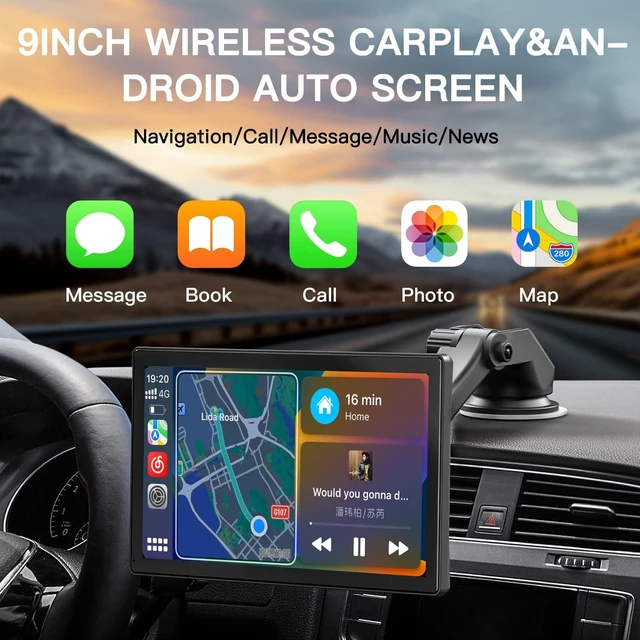 Alt view image 2 of 5 - Carultra 9" Wireless CarPlay & Android Auto Screen, 4K Dash Cam 1080p Reverse, CarPlay GPS Navigation AirPlay Voice Control/AUX/FM
