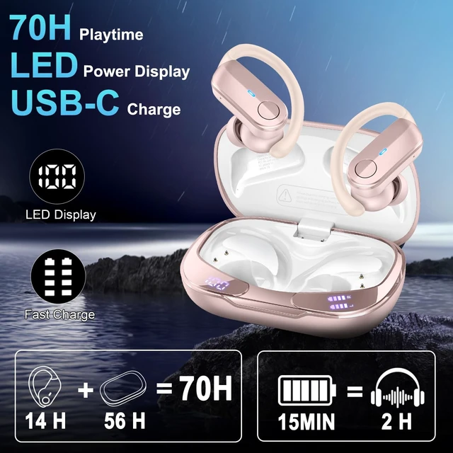 Alt view image 4 of 5 - Ordtop Sport Wireless Earbuds with Earhooks, 70H Playtime, IPX8 Waterproof