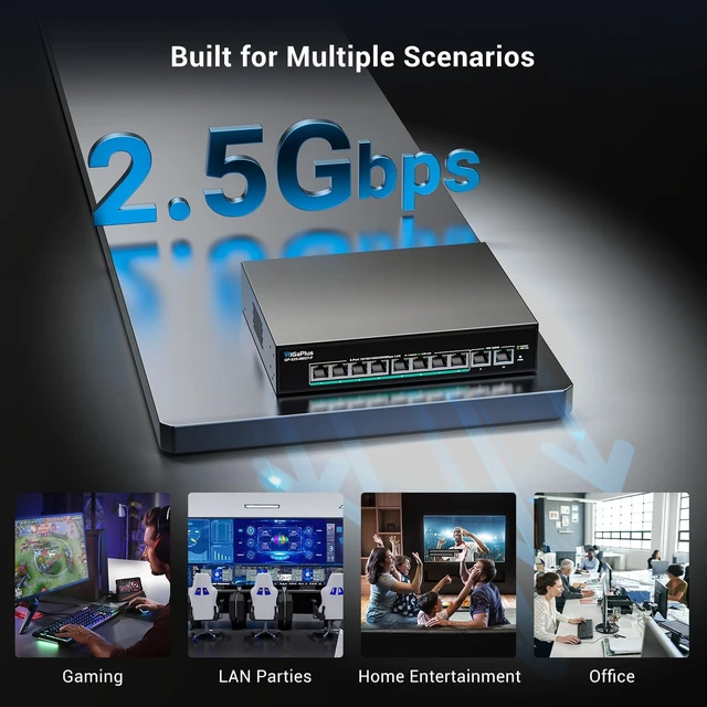 Alt view image 4 of 5 - 10-Port 10Gb Unmanaged PoE Ethernet Switch with 8*2.5G Base-T PoE Ports, 2*10G RJ45 Ports. 80Gbps Switching Capacity, GiGaPlus 10Gbps Network Switch for 2.5G/10Gbps NAS/PC, WiFi6 Router, Wireles