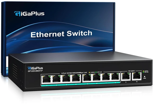 Main image of 10-Port 10Gb Unmanaged PoE Ethernet Switch with 8*2.5G Base-T PoE Ports, 2*10G RJ45 Ports. 80Gbps Switching Capacity, GiGaPlus 10Gbps Network Switch for 2.5G/10Gbps NAS/PC, WiFi6 Router, Wireles