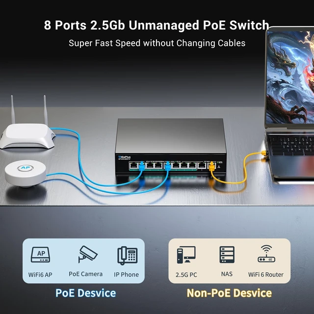 Alt view image 5 of 5 - 10-Port 10Gb Unmanaged PoE Ethernet Switch with 8*2.5G Base-T PoE Ports, 2*10G RJ45 Ports. 80Gbps Switching Capacity, GiGaPlus 10Gbps Network Switch for 2.5G/10Gbps NAS/PC, WiFi6 Router, Wireles