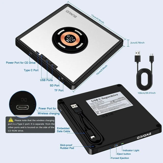 Alt view image 3 of 5 - BUNUD External CD/DVD Drive for Laptop with Wireless Charger, Plug & Play