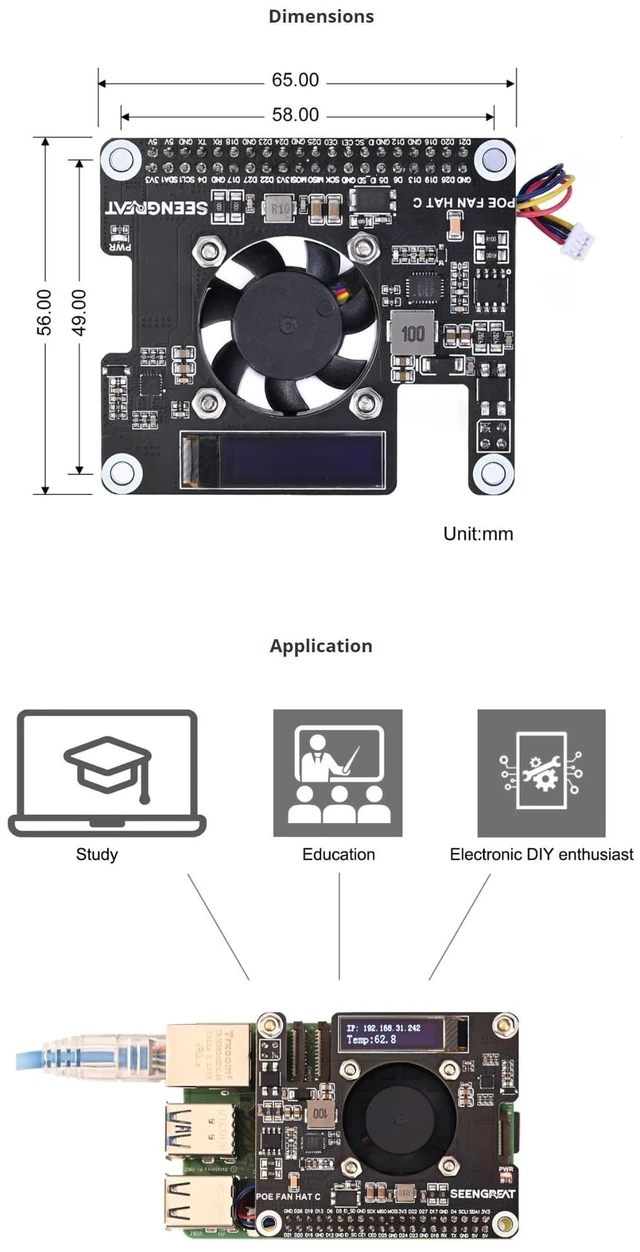 Alt view image 5 of 5 - SeenGreat Raspberry Pi 5 POE Hat with OLED Display and Cooling Fan Power Over Ethernet Hat for Pi 5 Fits Raspberry Pi 5 Official Case