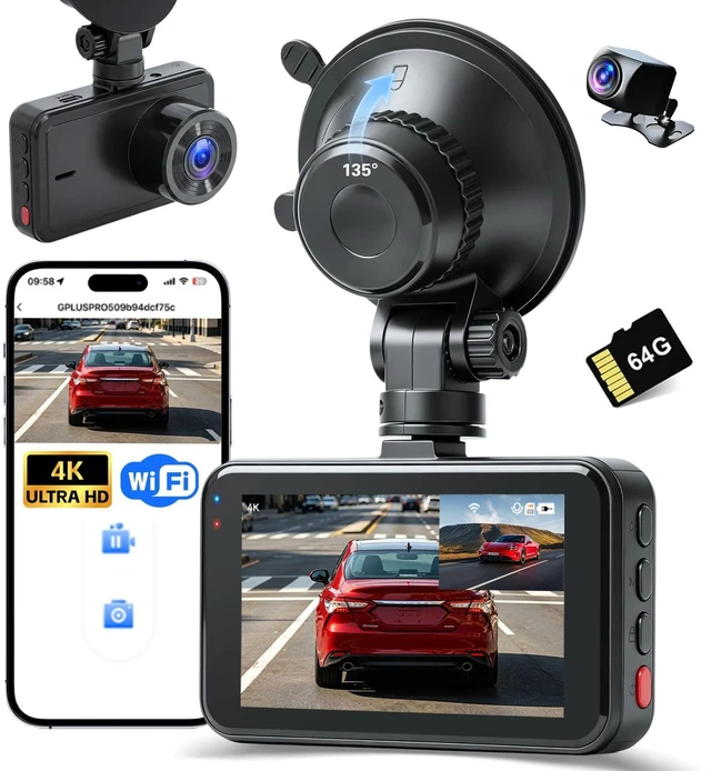 Main image of 4K WiFi & APP Dash Cam Front and Rear, Dual 4K+1080P Recording, 3" Screen
