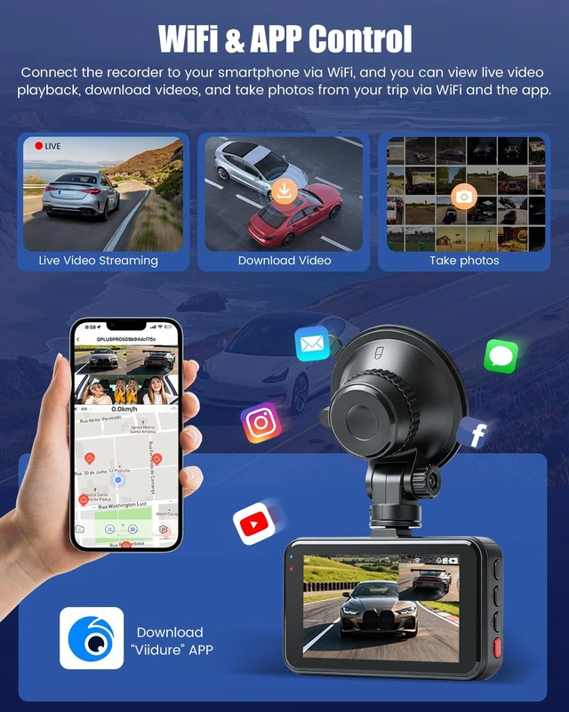 Alt view image 4 of 5 - 4K WiFi & APP Dash Cam Front and Rear, Dual 4K+1080P Recording, 3" Screen