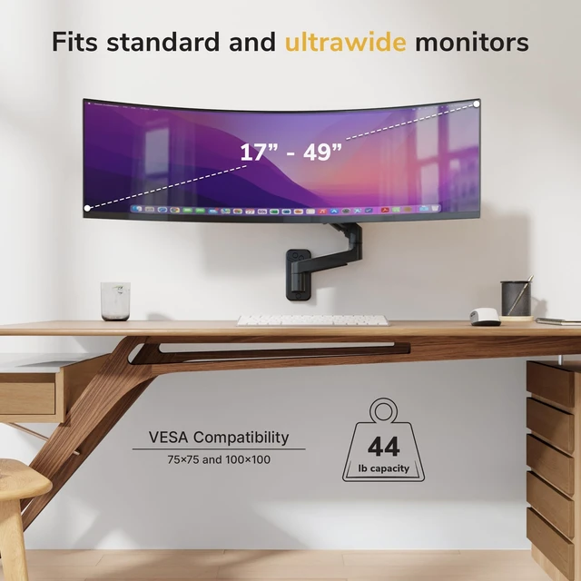 Alt view image 2 of 5 - Mount-It! Ultrawide Monitor Wall Mount Arm, 17-49 in, 44 lbs, Gas Spring