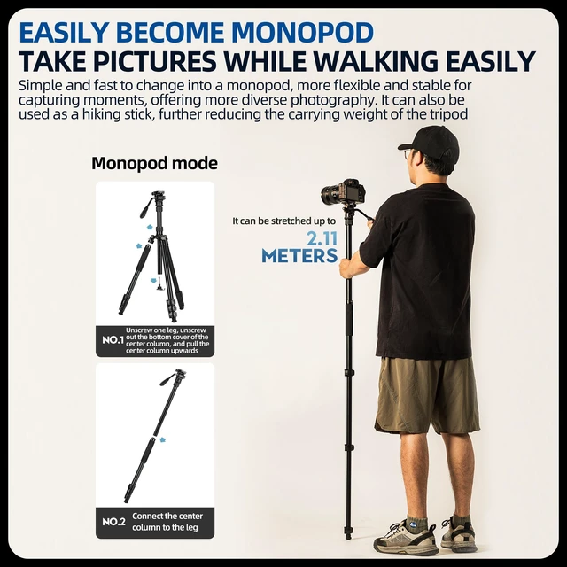 Alt view image 3 of 5 - Fotopro 73'' Camera Tripod, Foldable Aluminum Tripod/Monopod, Detachable Fluid Head with Quick Release Plate, Lightweight Tripod for Camera, Phone, A4I A5I Video (Grey, 73 Inch)