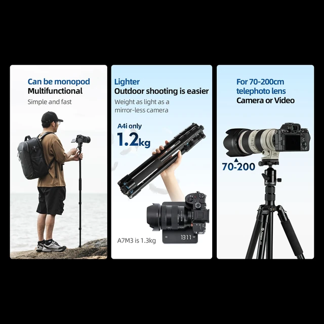 Alt view image 5 of 5 - Fotopro 73'' Camera Tripod, Foldable Aluminum Tripod/Monopod, Detachable Fluid Head with Quick Release Plate, Lightweight Tripod for Camera, Phone, A4I A5I Video (Grey, 73 Inch)
