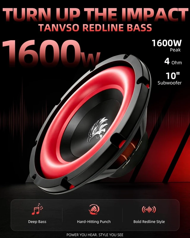 Alt view image 2 of 5 - TANVSO Redline Bass Series 10 Subwoofer, 1600W Peak 4 Ohm 10 Inch Car Subwoofer, High-Excursion Woofer with Red Rubber Surround for Trunk Bass Box & Custom Car Audio, Single