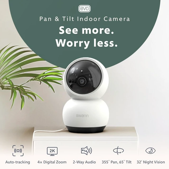 Alt view image 2 of 5 - Swann EVO 2K Pan-Tilt Indoor Wi-Fi Security Camera: 2K HD video, plug-in, auto tracking, sound/motion/pet/person detection, live view, night vision, 2-way talk/siren, baby monitor, local/cloud storage