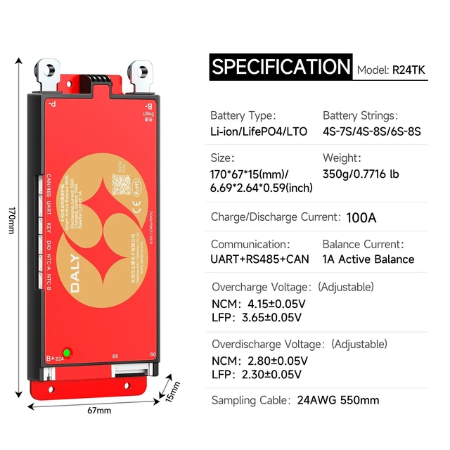 Alt view image 2 of 5 - DALY BMS 12V-24V 100A Built-in 1A Active Balancer Bluetooth RS485 CAN