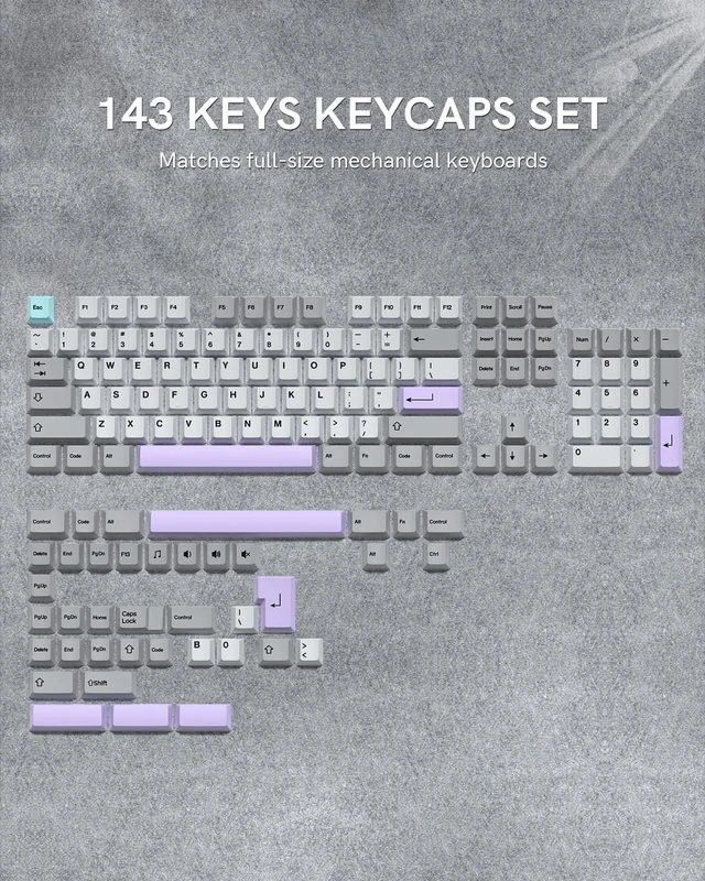 Alt view image 2 of 5 - Womier PBT Keycaps Set 143 Keys, Cherry Profile Custom Keycaps 60 65 75 100 Percent for 61/64/68/84/87/100/104/108 Dye Sub Retro Gaming Mechanical Keyboard, Gray Purple