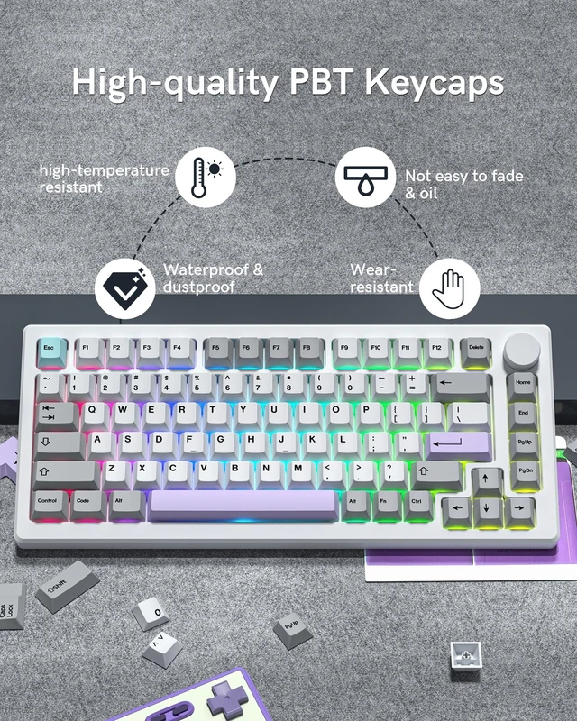 Alt view image 3 of 5 - Womier PBT Keycaps Set 143 Keys, Cherry Profile Custom Keycaps 60 65 75 100 Percent for 61/64/68/84/87/100/104/108 Dye Sub Retro Gaming Mechanical Keyboard, Gray Purple