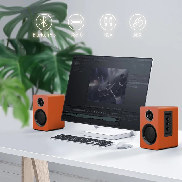 Alt view image 5 of 5 - Computer Speakers, Bluetooth 5.3, USB-C, AUX/RCA, 3.5-Inch Woofer, Orange