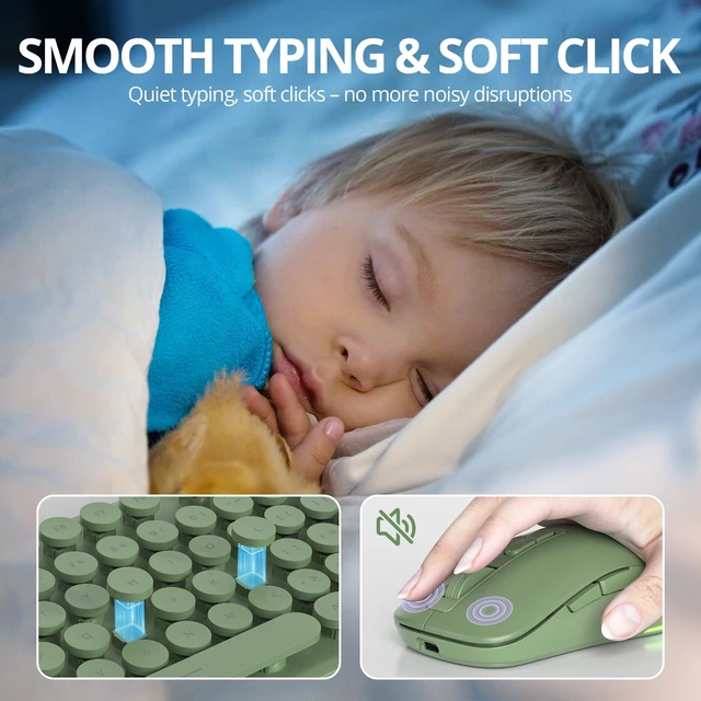 Alt view image 5 of 5 - Owpkeenthy Cute Wireless Keyboard and Mouse Backlit, Rechargeable Full-Sized Keyboard with Number Pad Quiet Typewriter 2.4G Plug and Play, Auto Sleep for Home Office(Dark Green)