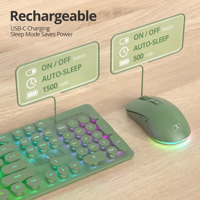 Alt view image 4 of 5 - Owpkeenthy Cute Wireless Keyboard and Mouse Backlit, Rechargeable Full-Sized Keyboard with Number Pad Quiet Typewriter 2.4G Plug and Play, Auto Sleep for Home Office(Dark Green)