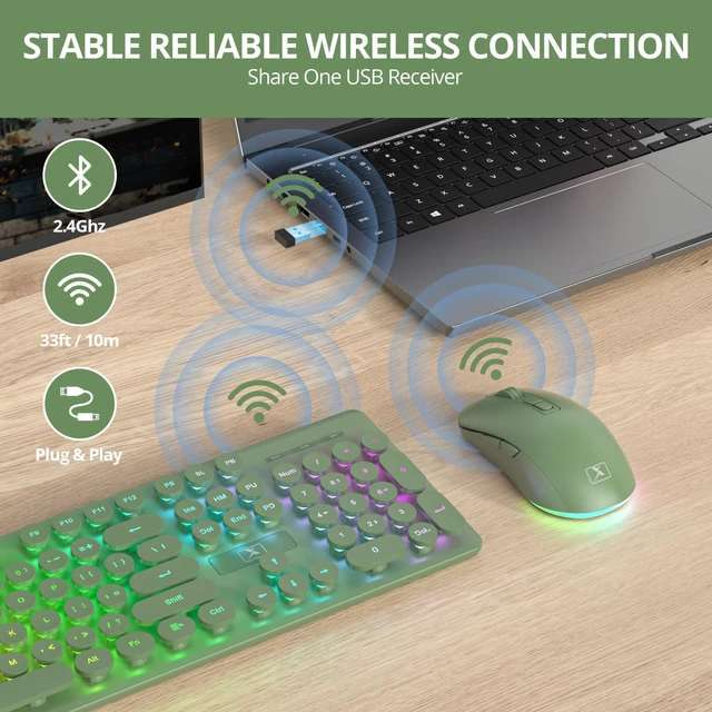 Alt view image 3 of 5 - Owpkeenthy Cute Wireless Keyboard and Mouse Backlit, Rechargeable Full-Sized Keyboard with Number Pad Quiet Typewriter 2.4G Plug and Play, Auto Sleep for Home Office(Dark Green)