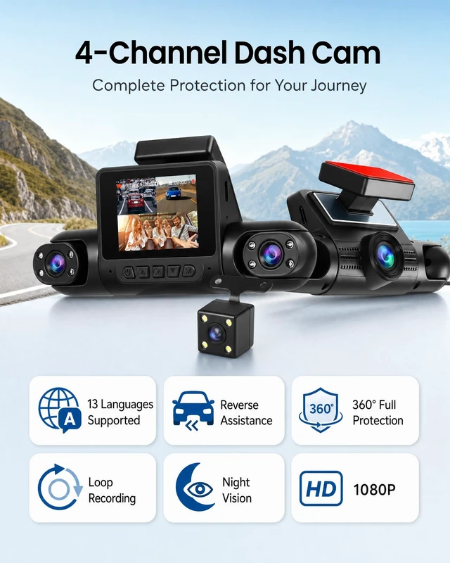 Alt view image 2 of 5 - 4 Channel 360 Dash Cam, 1080P FHD Front and Rear Camera for Cars