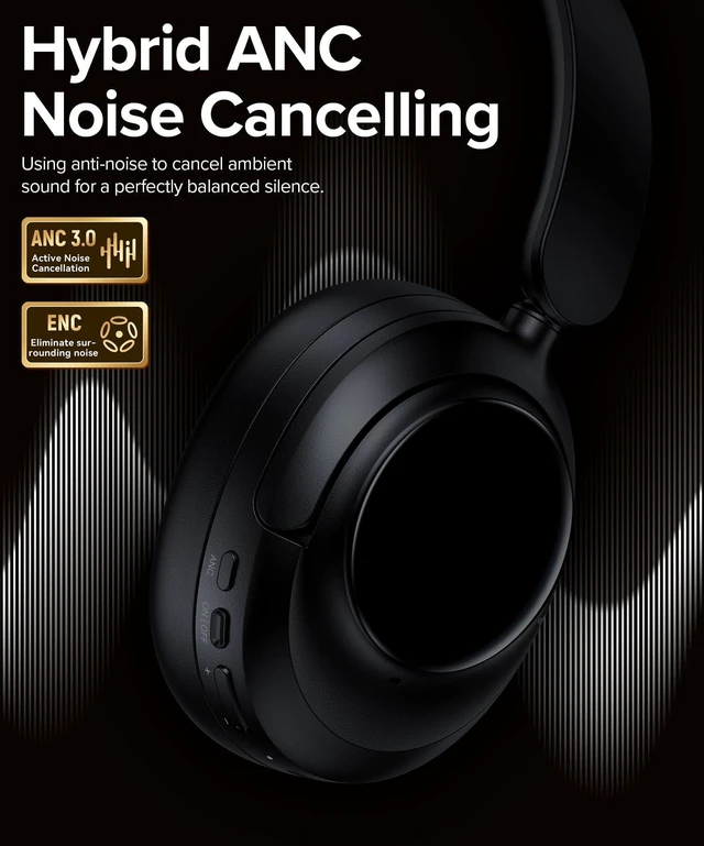 Alt view image 2 of 5 - Active Noise Cancelling Headphones,120H Playtime Bluetooth 6.0 Over Ear Headphones with Hi-Res Audio & 5-Mic ENC Calls, 360 Surround Sound Wireless Headphones Foldable Headset for Travel Carbon