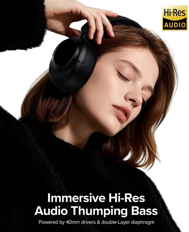 Alt view image 3 of 5 - Active Noise Cancelling Headphones,120H Playtime Bluetooth 6.0 Over Ear Headphones with Hi-Res Audio & 5-Mic ENC Calls, 360 Surround Sound Wireless Headphones Foldable Headset for Travel Carbon