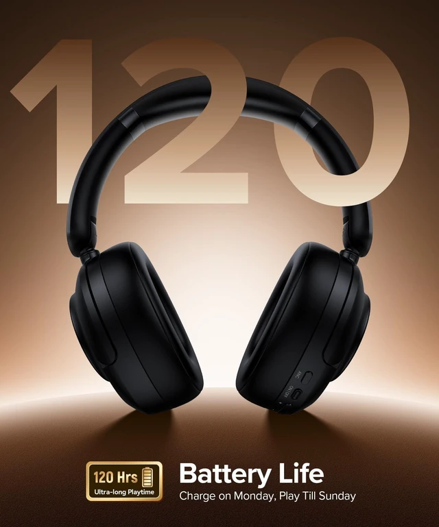 Alt view image 4 of 5 - Active Noise Cancelling Headphones,120H Playtime Bluetooth 6.0 Over Ear Headphones with Hi-Res Audio & 5-Mic ENC Calls, 360 Surround Sound Wireless Headphones Foldable Headset for Travel Carbon